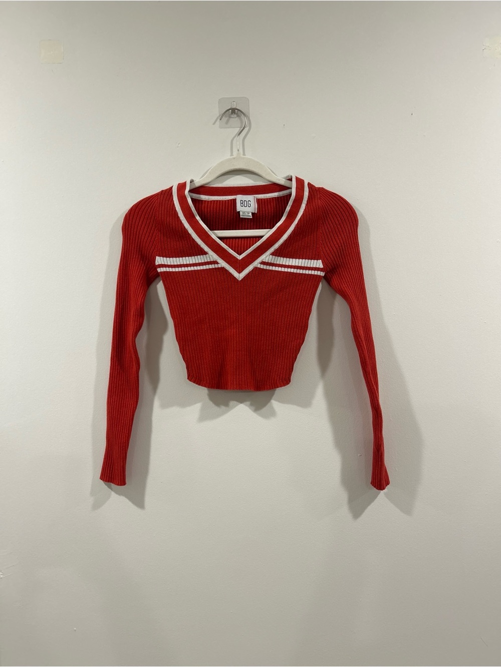 BDG Red Ribbed V-Neck Crop Top with White Trim